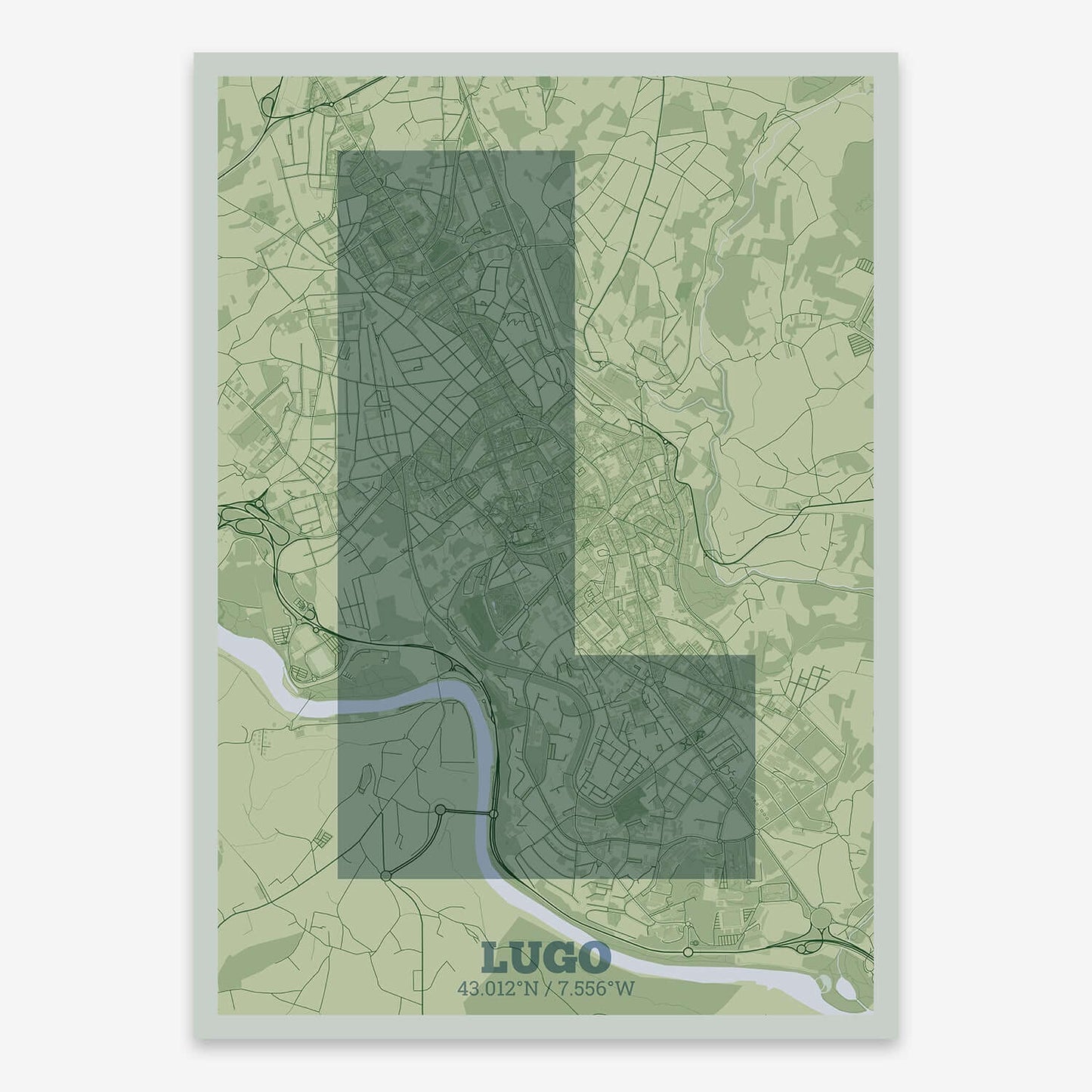 The map of Lugo composed with letters in a heavy geometric font printed on two green tones