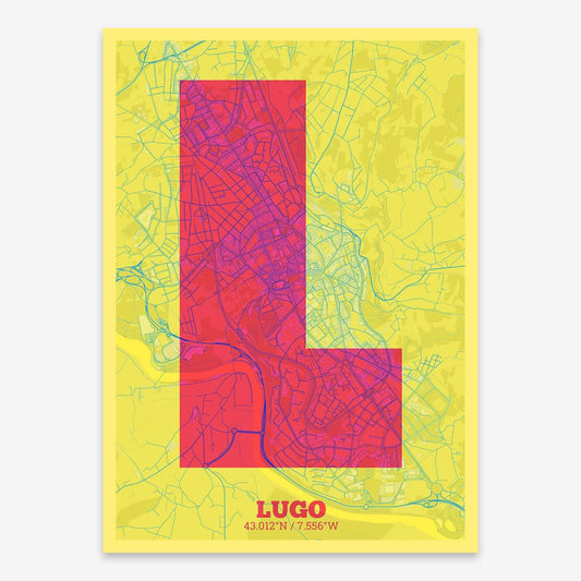 The map of Lugo composed with letters in a heavy geometric font printed on yellow and fuchsia