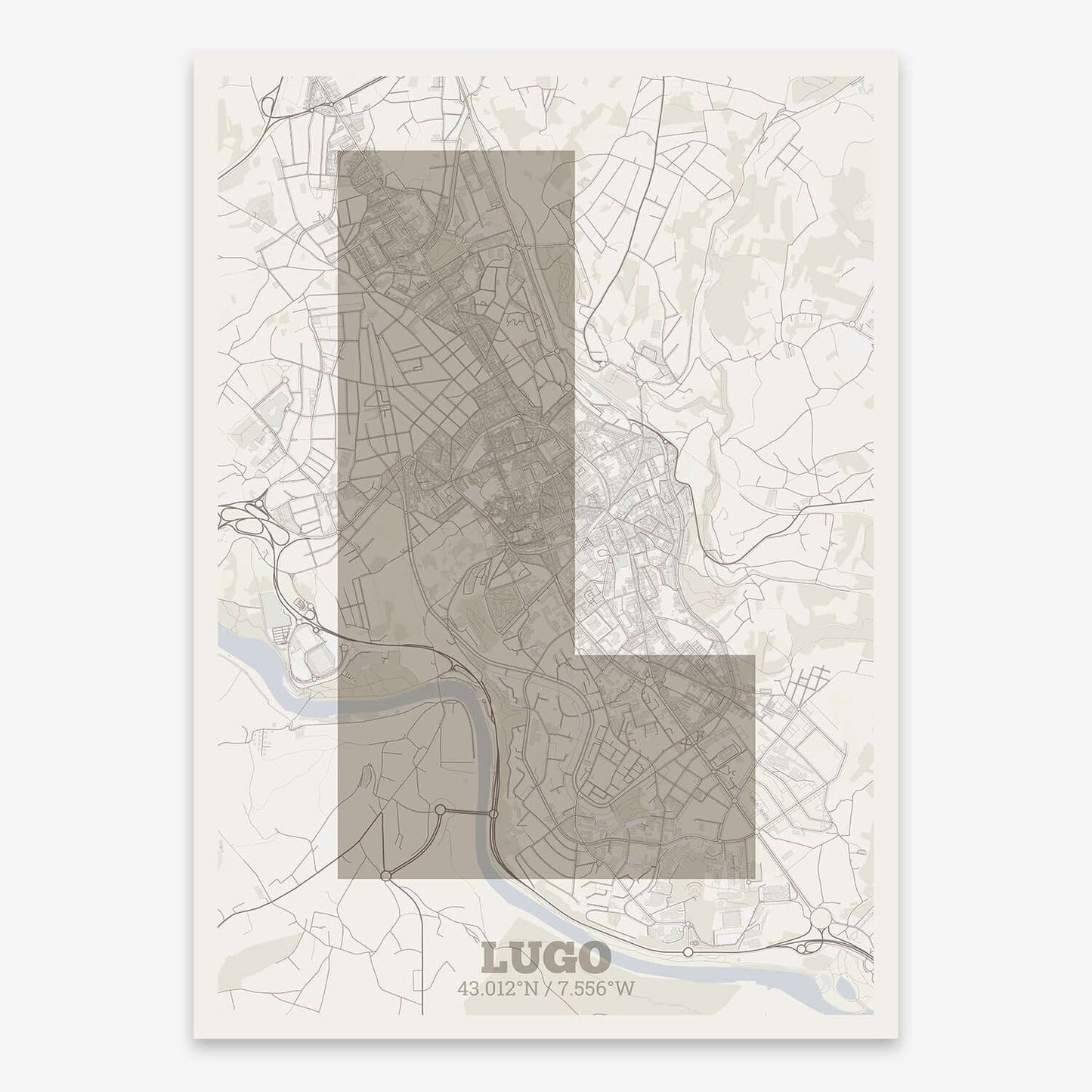 The map of Lugo composed with letters in a heavy geometric font printed on light brown and an off-white background