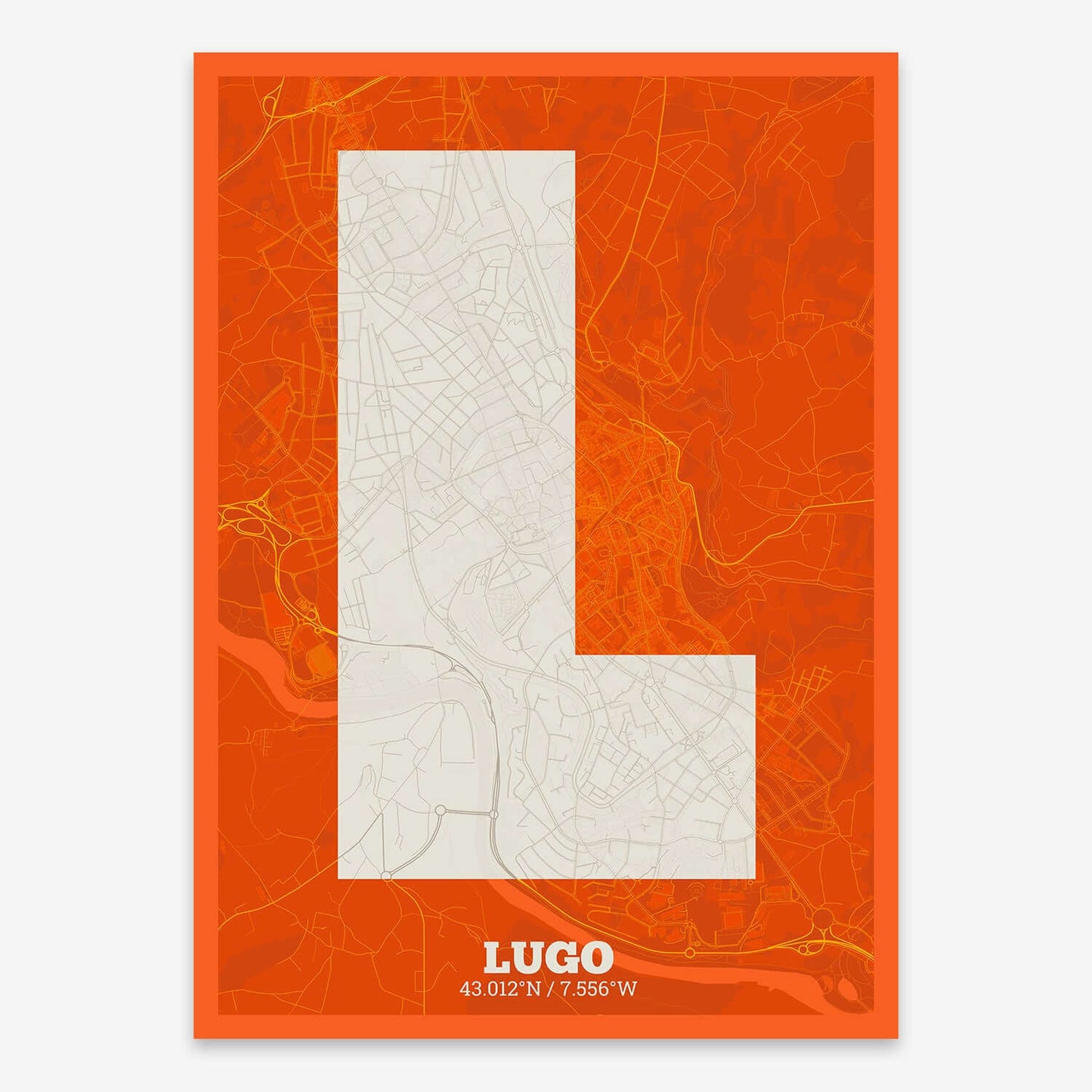 The map of Lugo composed with letters in a heavy geometric font printed on orange and an off-white background