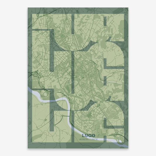 The map of Lugo composed with letters from its name or IATA code printed on two green tones