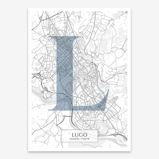 The map of Lugo composed with letters in serif font printed on black and white