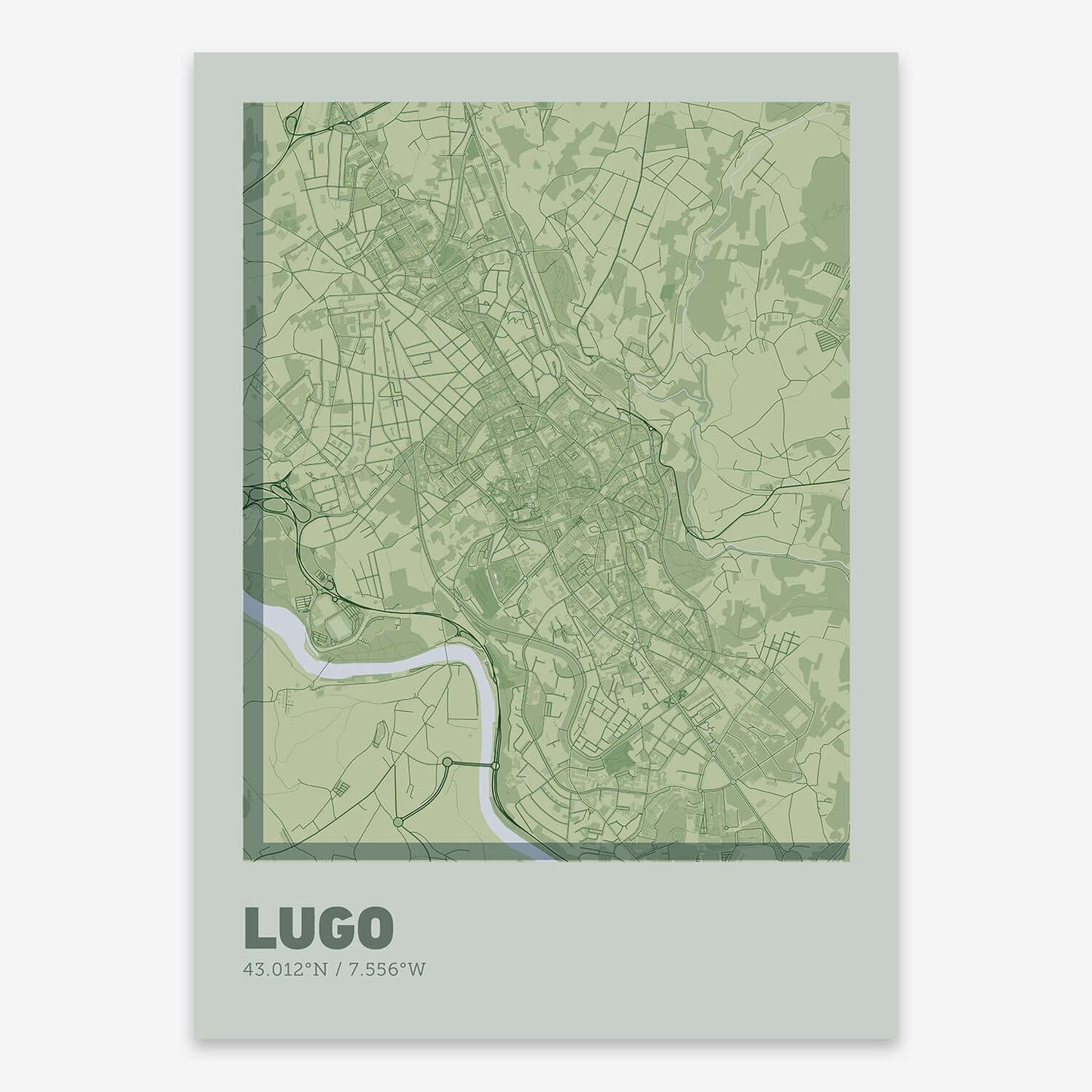 The map of Lugo composed with letters in extra light font printed on two green tones