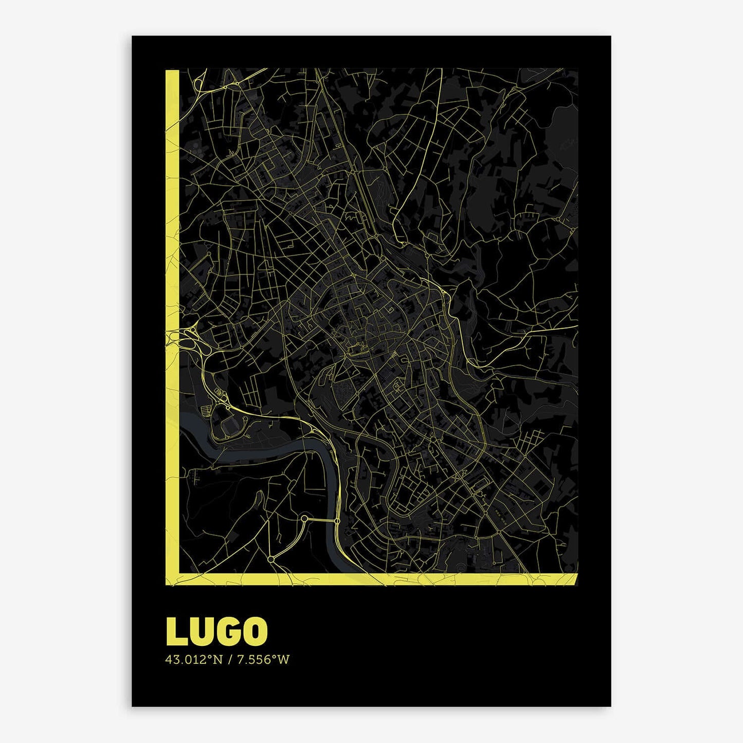 The map of Lugo composed with letters in extra light font printed on black and yellow