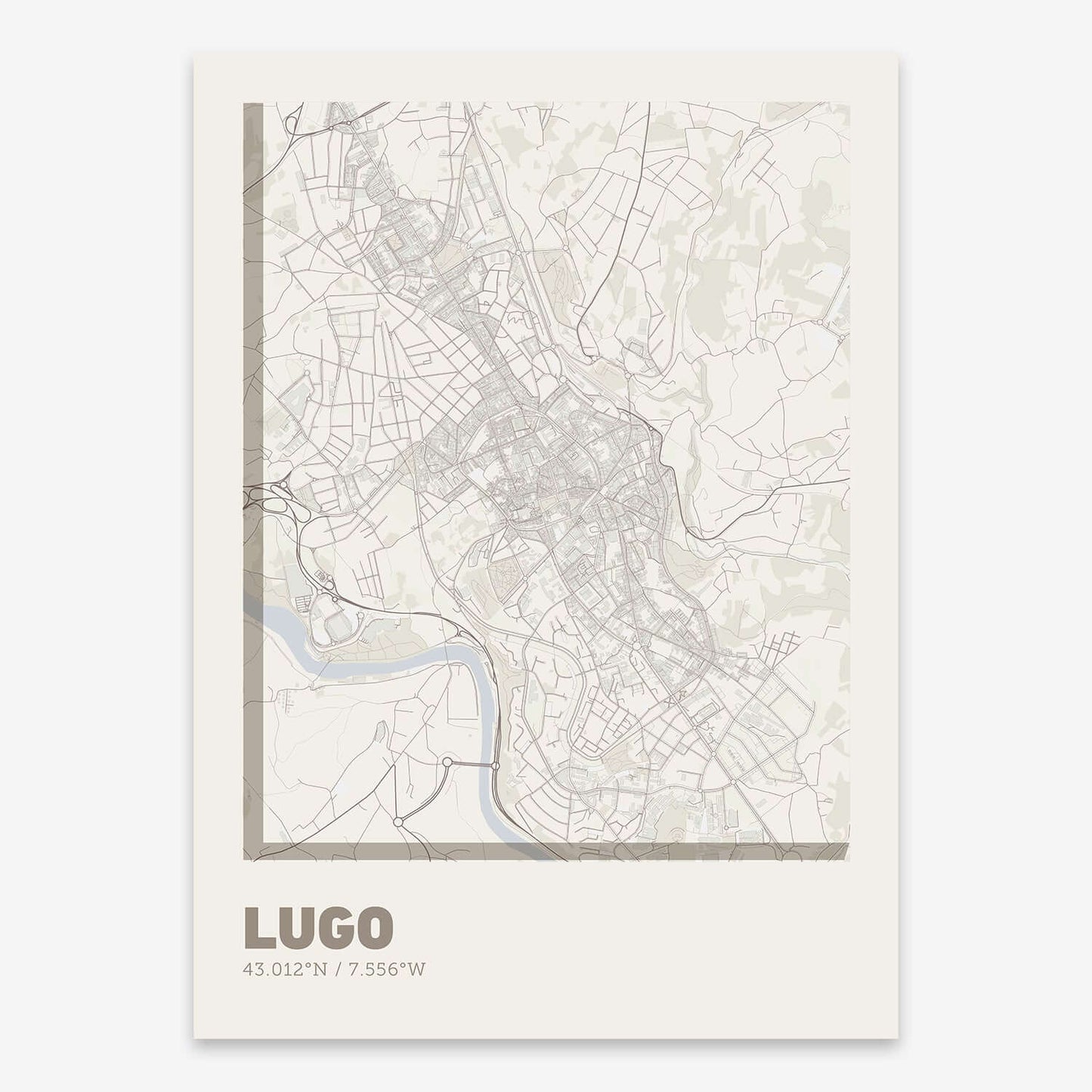 The map of Lugo composed with letters in extra light font printed on light brown and an off-white background