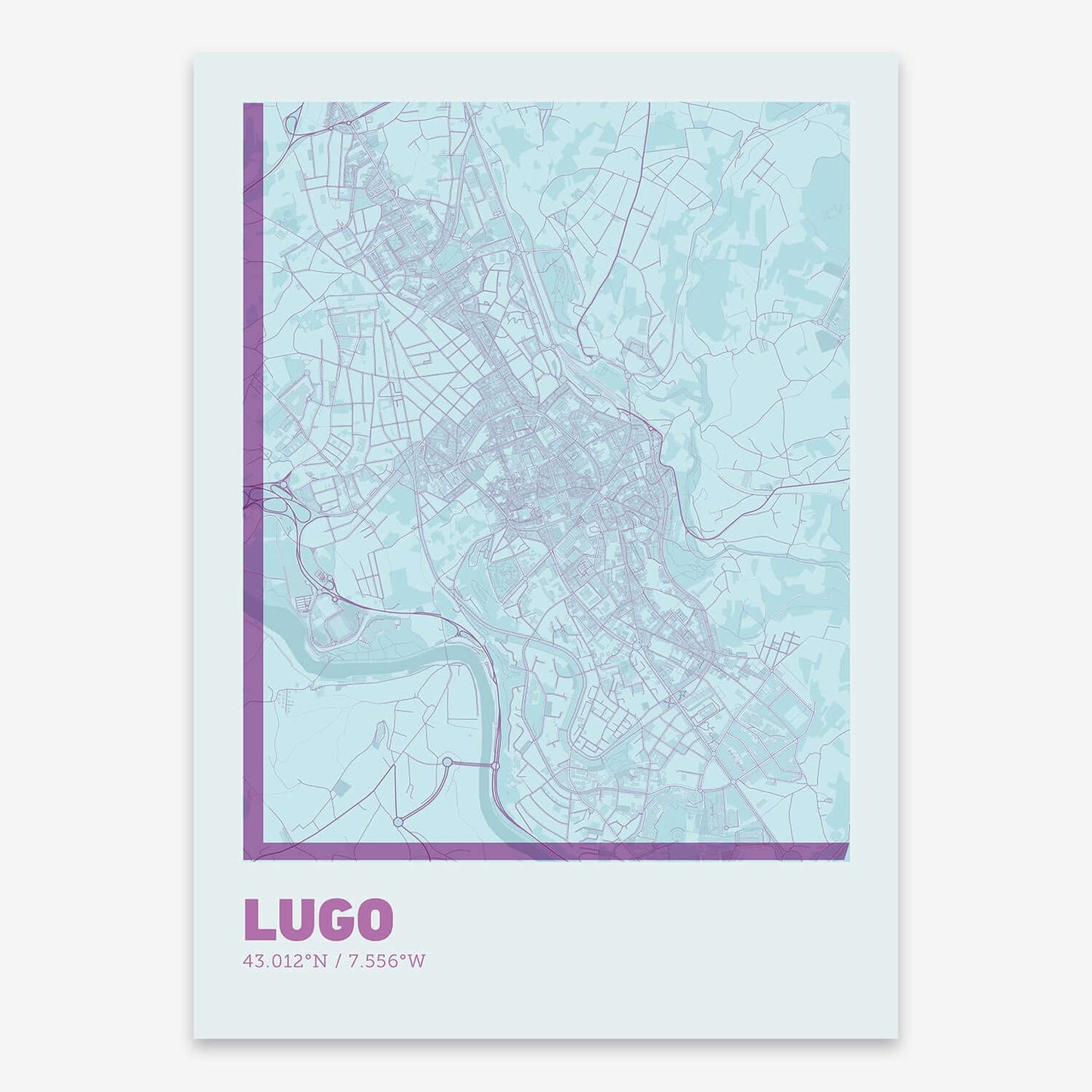 The map of Lugo composed with letters in extra light font printed on purple and light blue