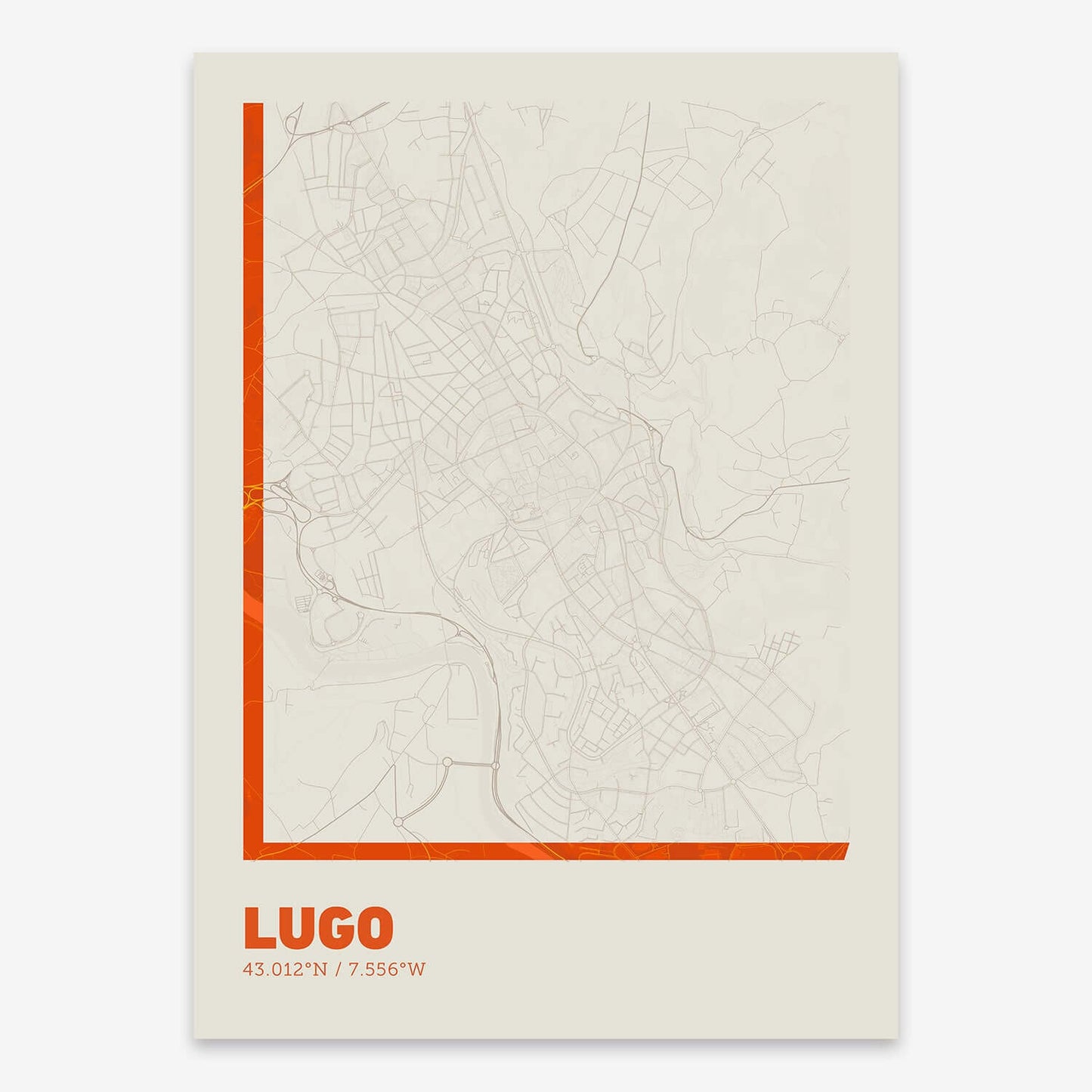 The map of Lugo composed with letters in extra light font printed on orange and an off-white background