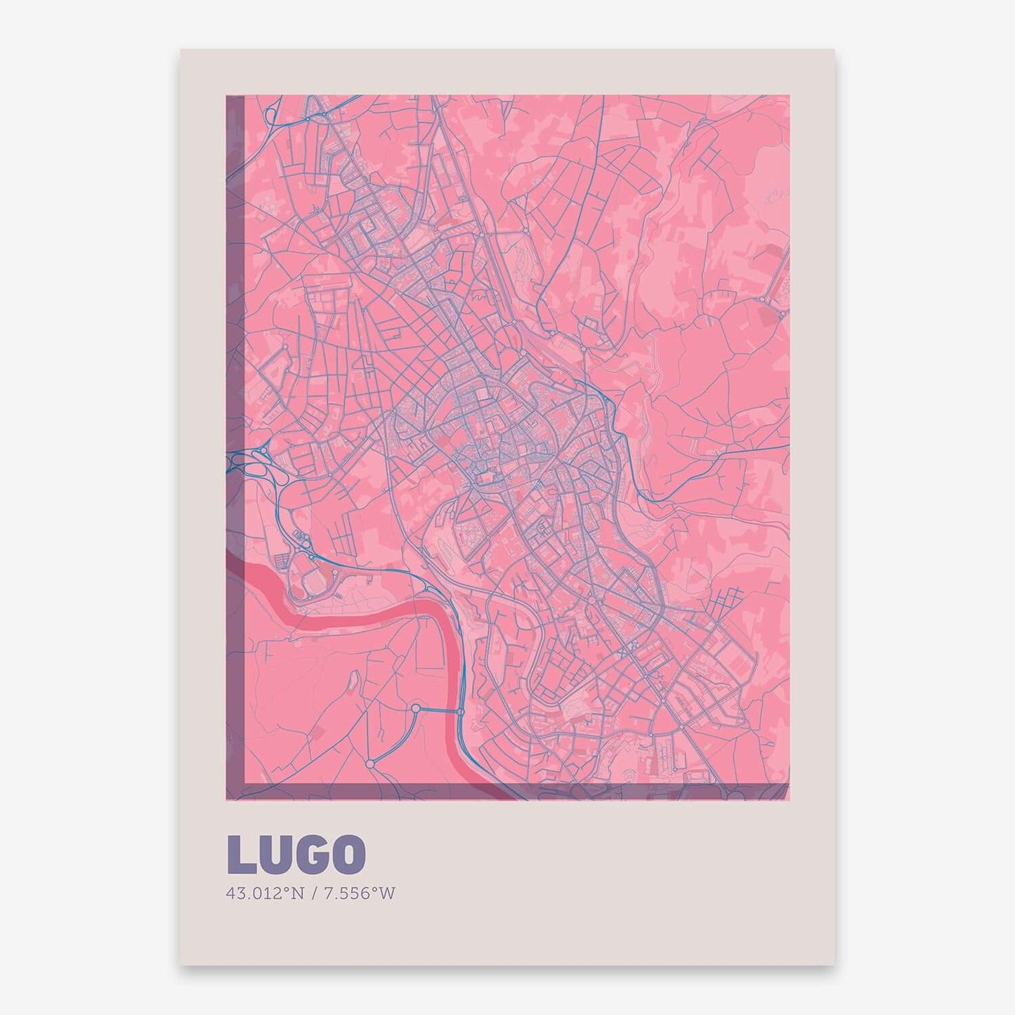 The map of Lugo composed with letters in extra light font printed on violet y pink background