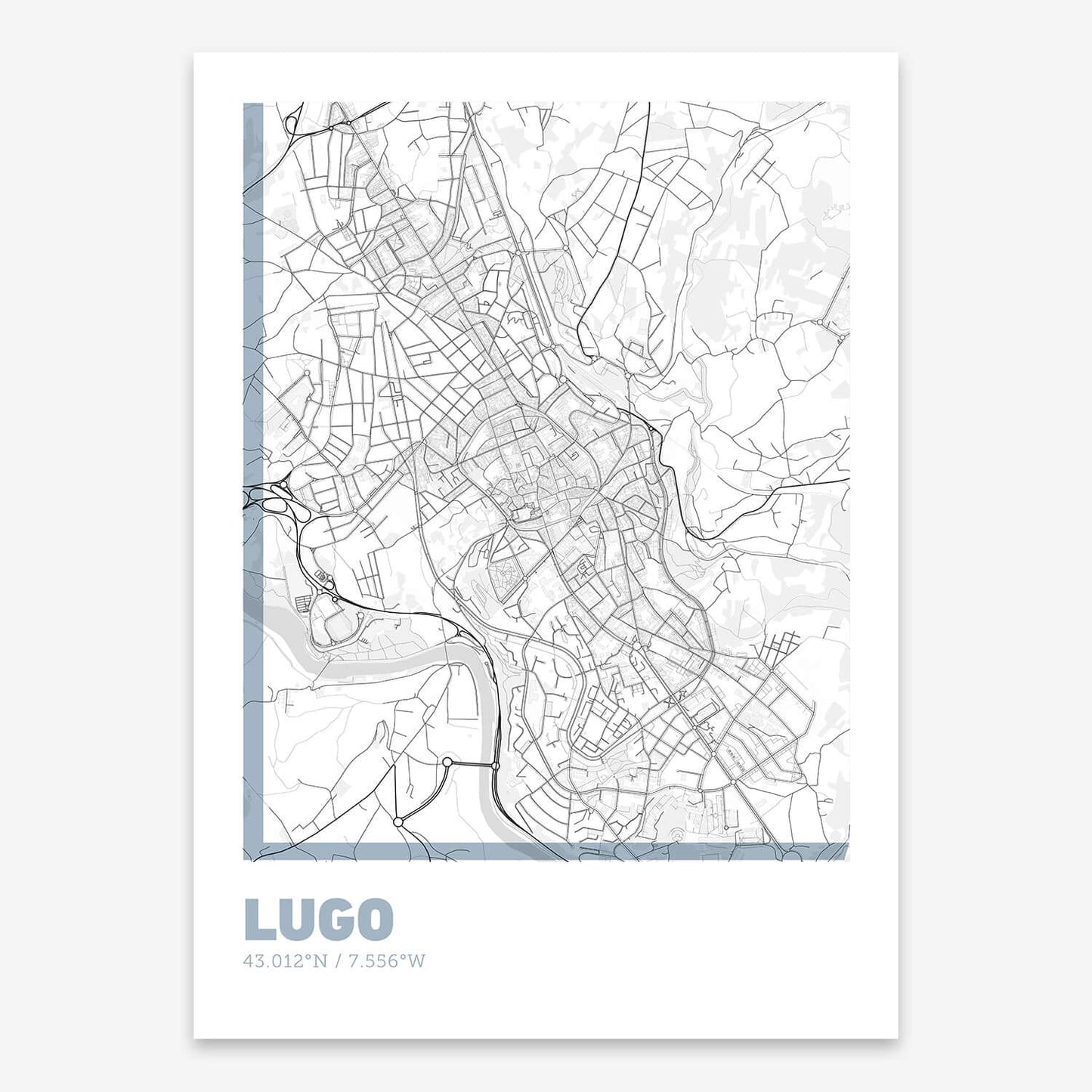 The map of Lugo composed with letters in extra light font printed on black and white