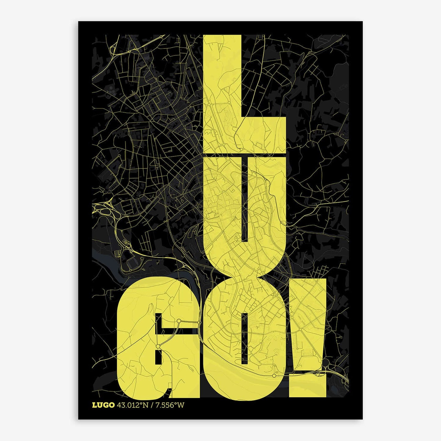 The map of Lugo with letters of its name placed randomly, designed in black and yellow