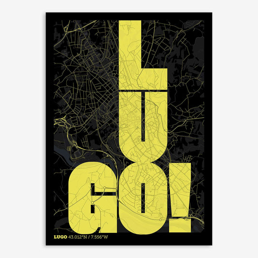 The map of Lugo with letters of its name placed randomly, designed in black and yellow