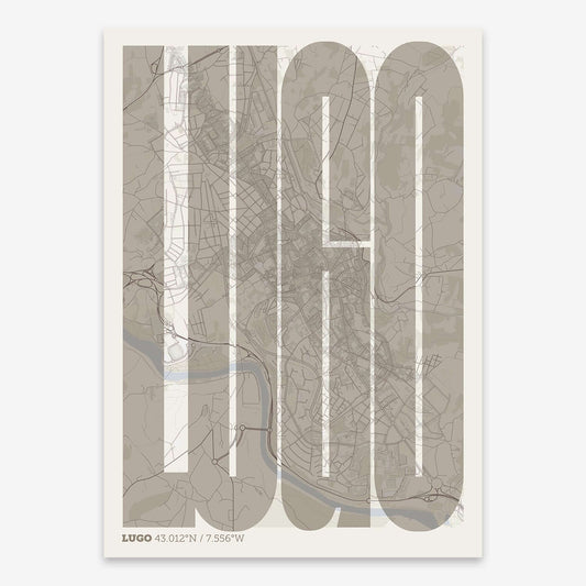 The map of Lugo and letters of its name in a giclée print designed in light brown and an off-white background