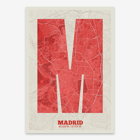 The map of Madrid composed with letters in a heavy geometric font printed on red and an off-white background