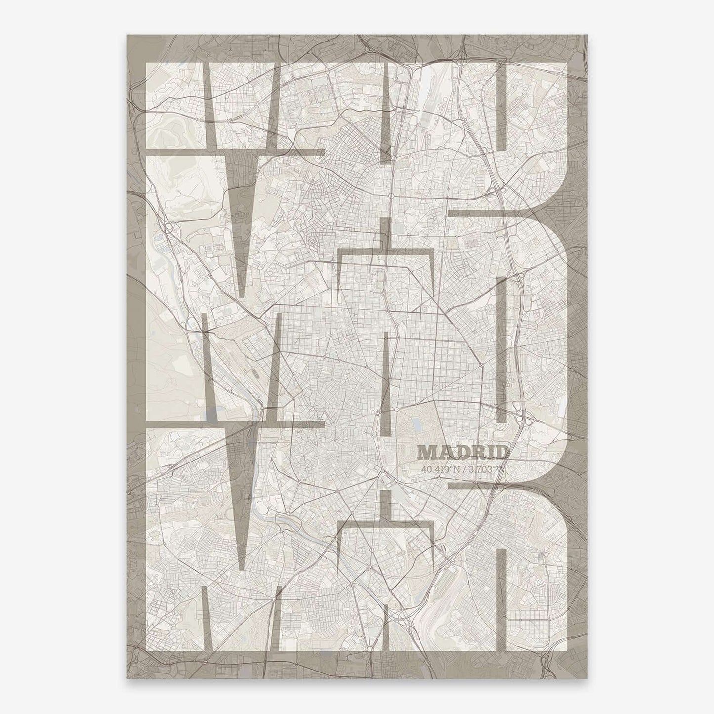 The map of Madrid composed with letters from its name or IATA code printed on light brown and an off-white background