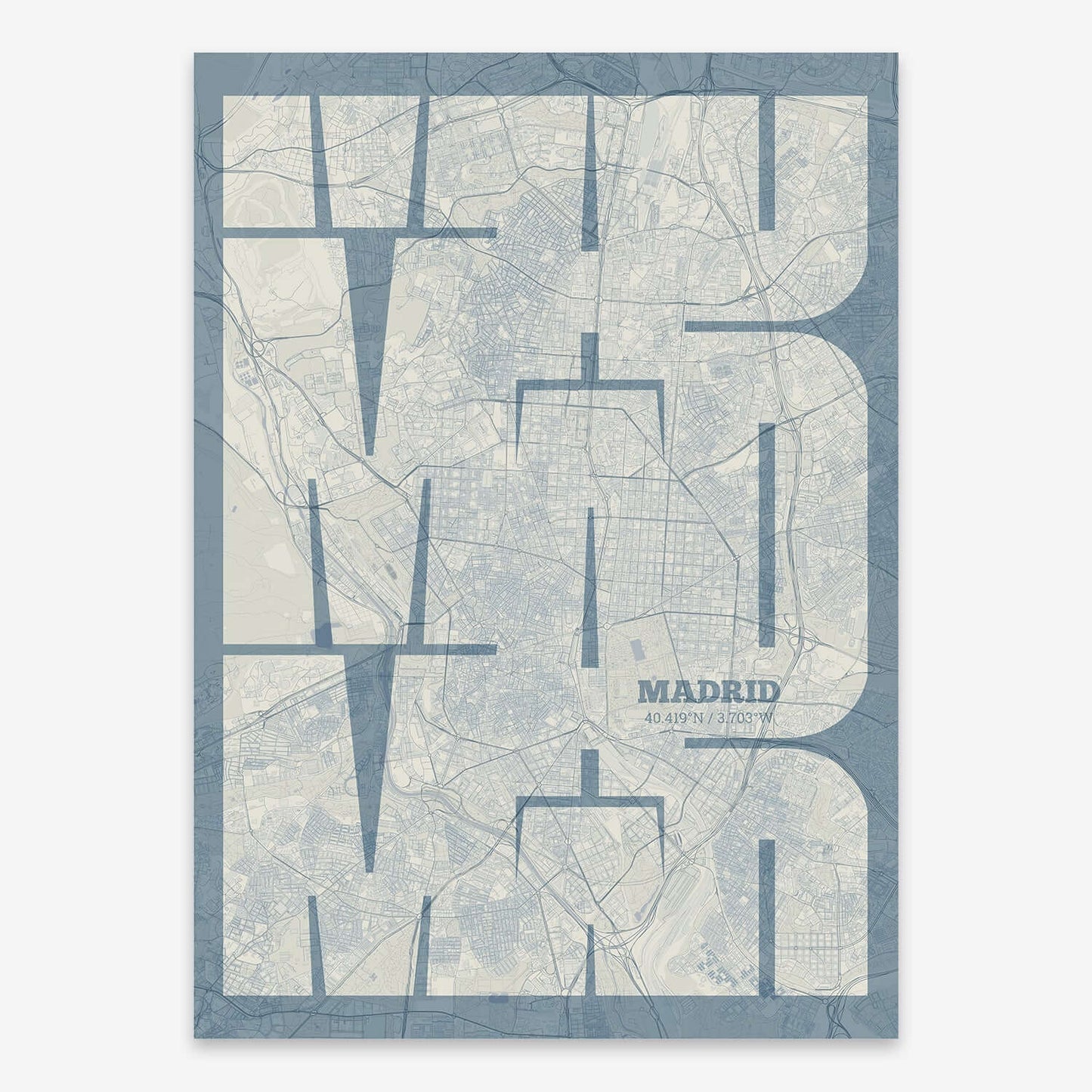 The map of Madrid composed with letters from its name or IATA code printed on bluish gray and an off-white background