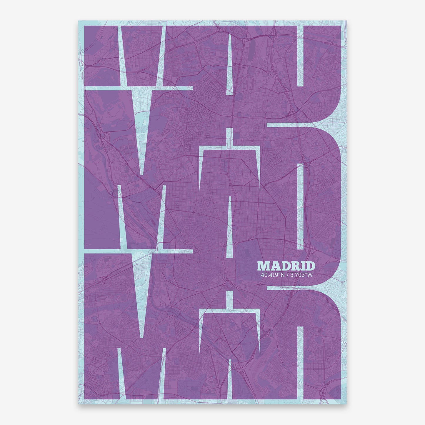 The map of Madrid composed with letters from its name or IATA code printed on purple and light blue