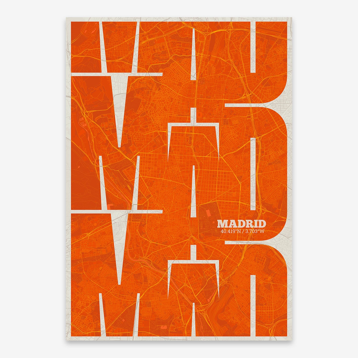 The map of Madrid composed with letters from its name or IATA code printed on orange and an off-white background