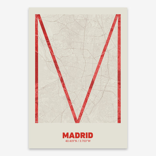 The map of Madrid composed with letters in extra light font printed on red and an off-white background