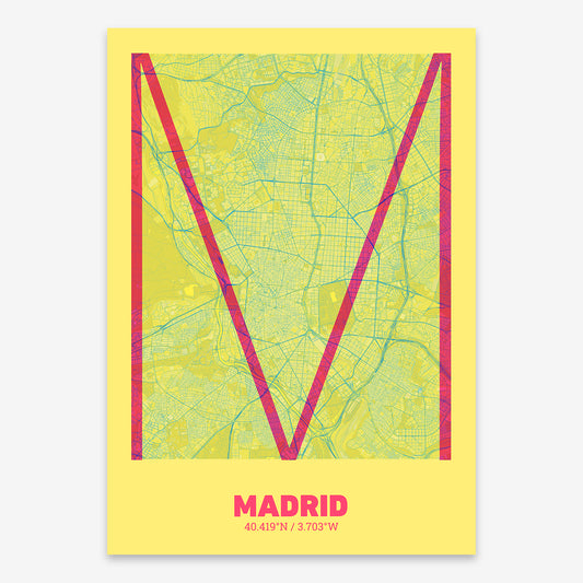 The map of Madrid composed with letters in extra light font printed on yellow and fuchsia