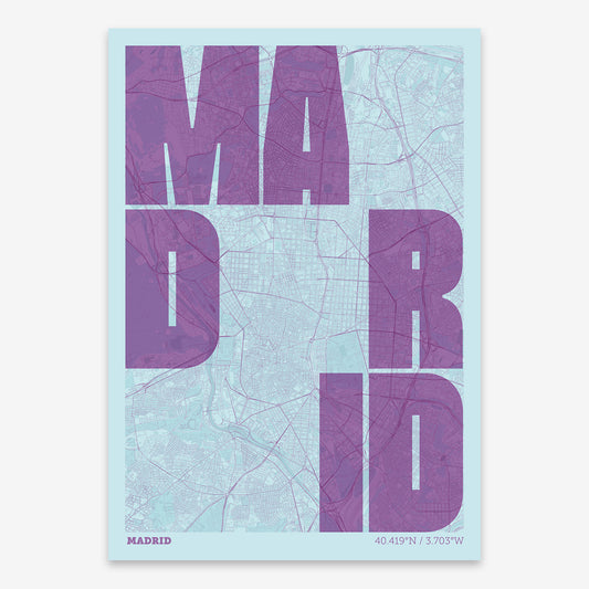 The map of Madrid with letters of its name placed randomly, designed in purple and light blue
