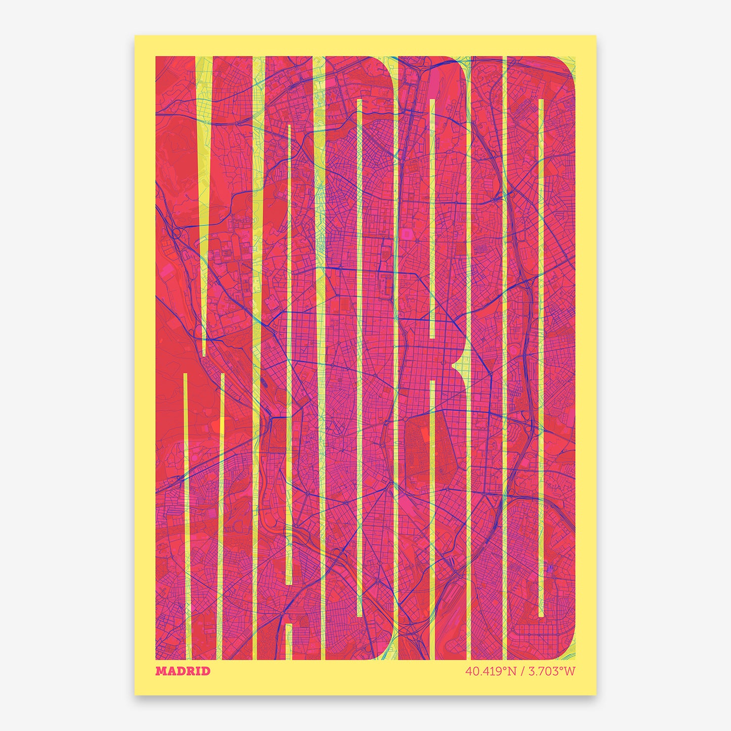 The map of Madrid and letters of its name in a giclée print designed in yellow and fuchsia