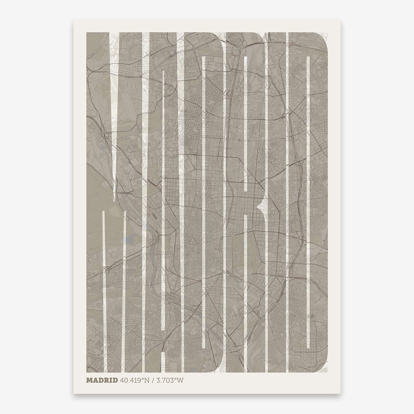 The map of Madrid and letters of its name in a giclée print designed in light brown and an off-white background