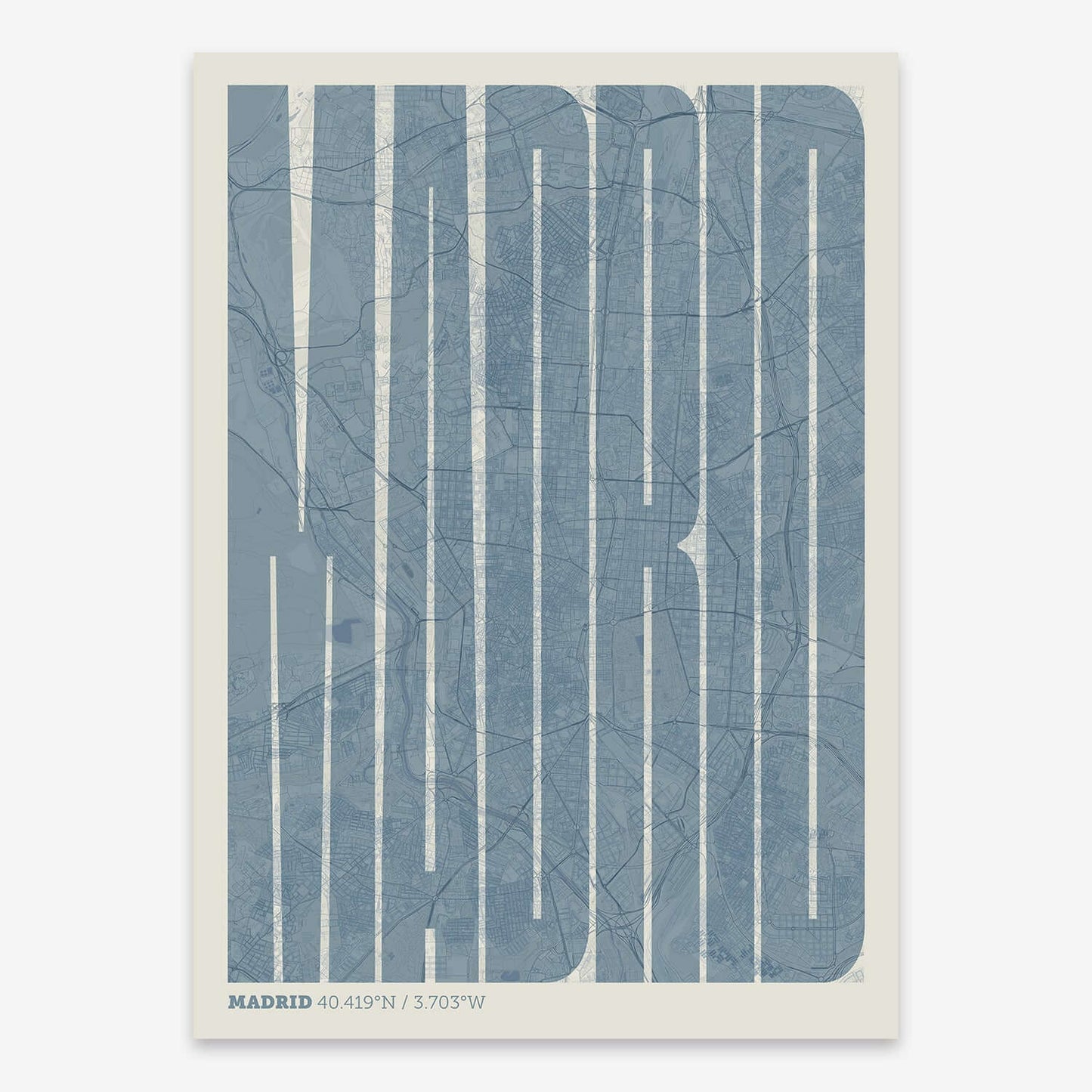 The map of Madrid and letters of its name in a giclée print designed in bluish gray and an off-white background
