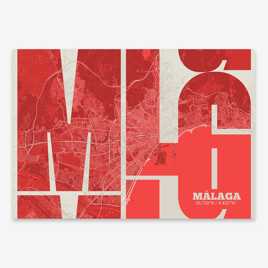 The map of Malaga composed with letters from its name or IATA code printed on red and an off-white background