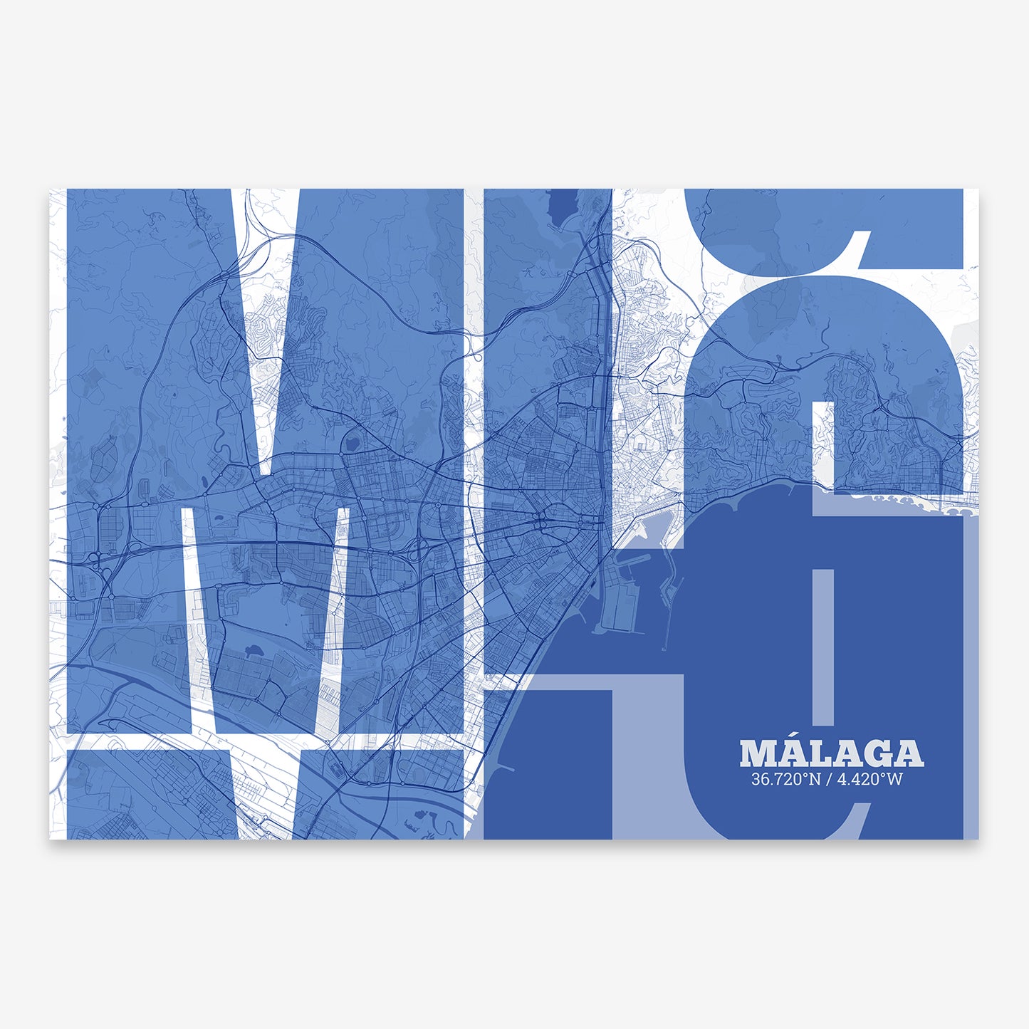 The map of Malaga composed with letters from its name or IATA code printed on navy blue and white
