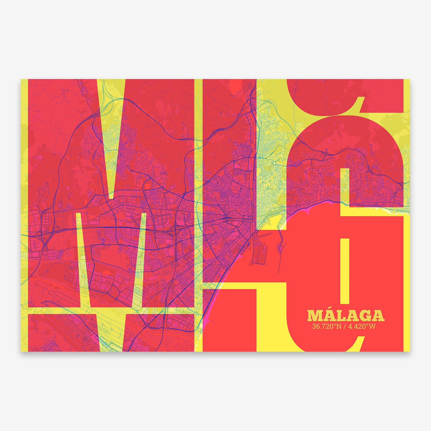 The map of Malaga composed with letters from its name or IATA code printed on yellow and fuchsia