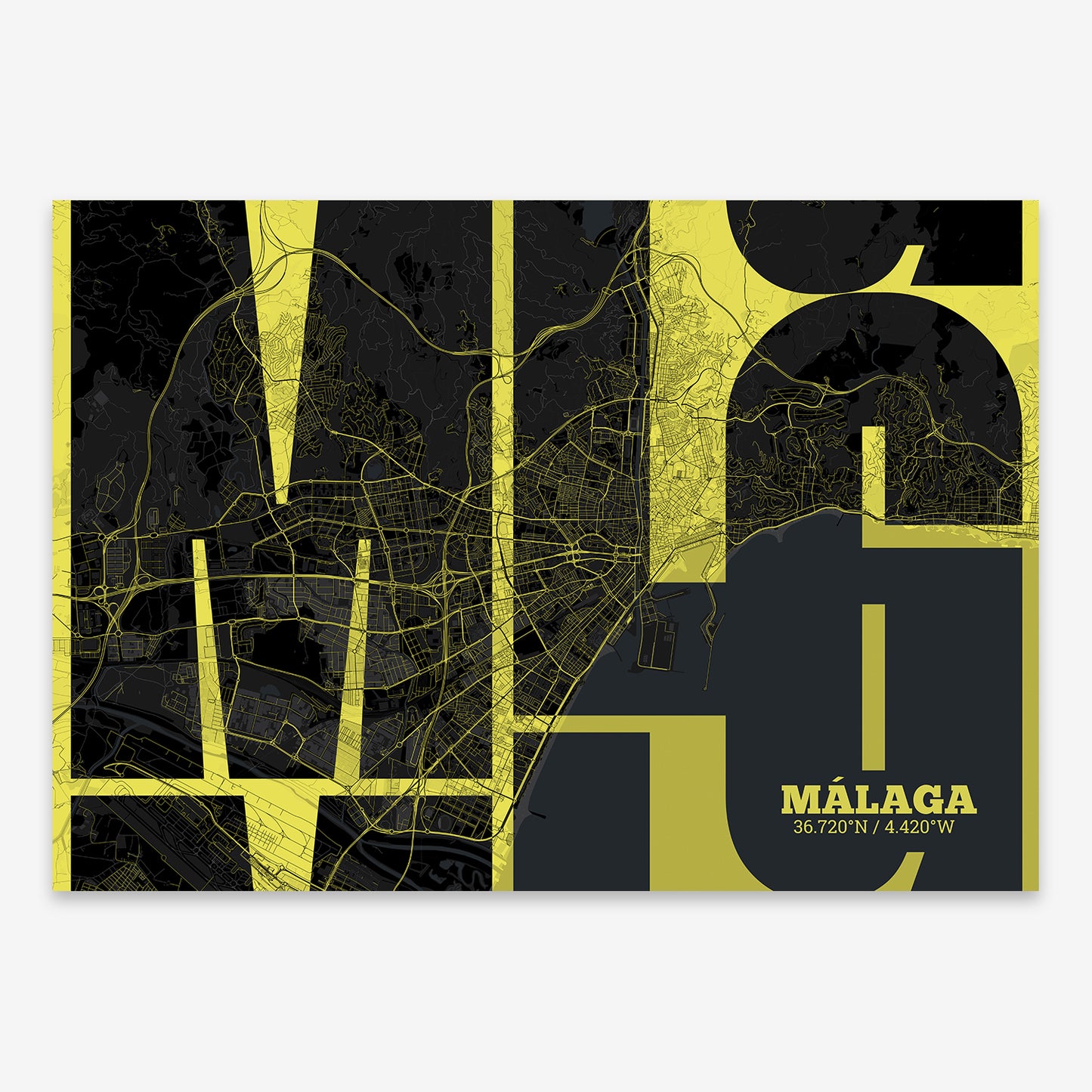 The map of Malaga composed with letters from its name or IATA code printed on black and yellow