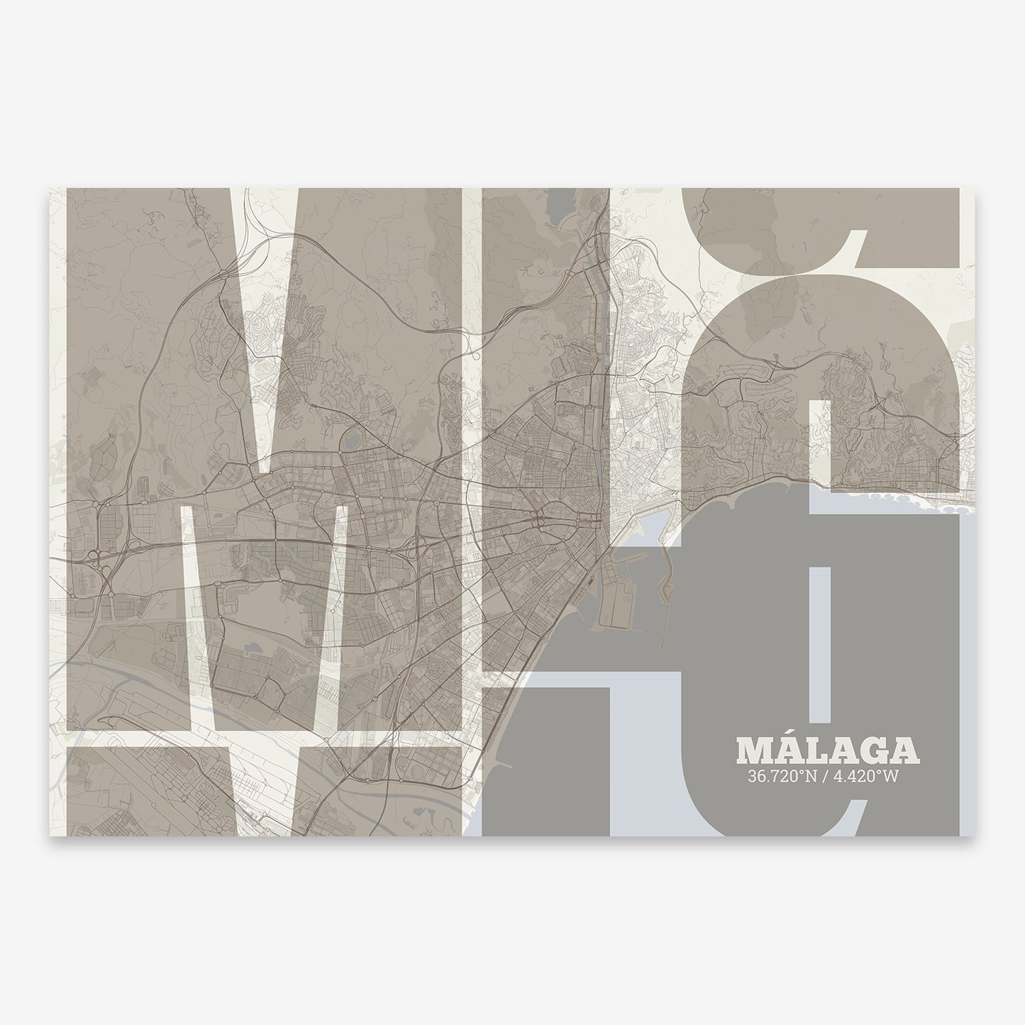 The map of Malaga composed with letters from its name or IATA code printed on light brown and an off-white background