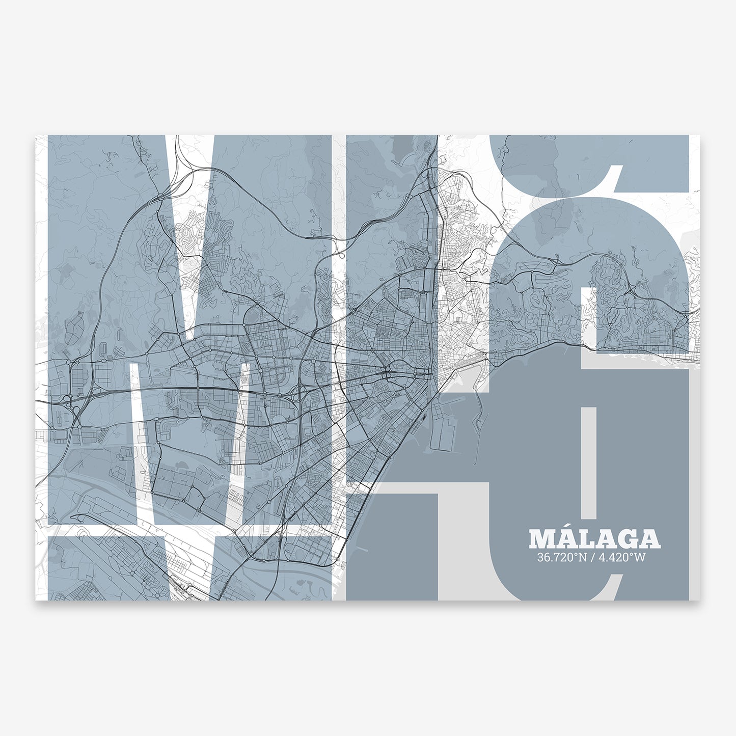 The map of Malaga composed with letters from its name or IATA code printed on black and white