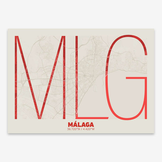 The map of Malaga composed with letters in extra light font printed on red and an off-white background
