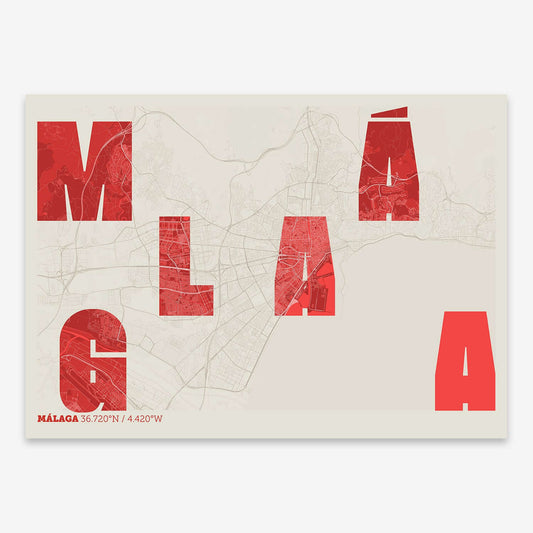 The map of Malaga with letters of its name placed randomly, designed in red and an off-white background