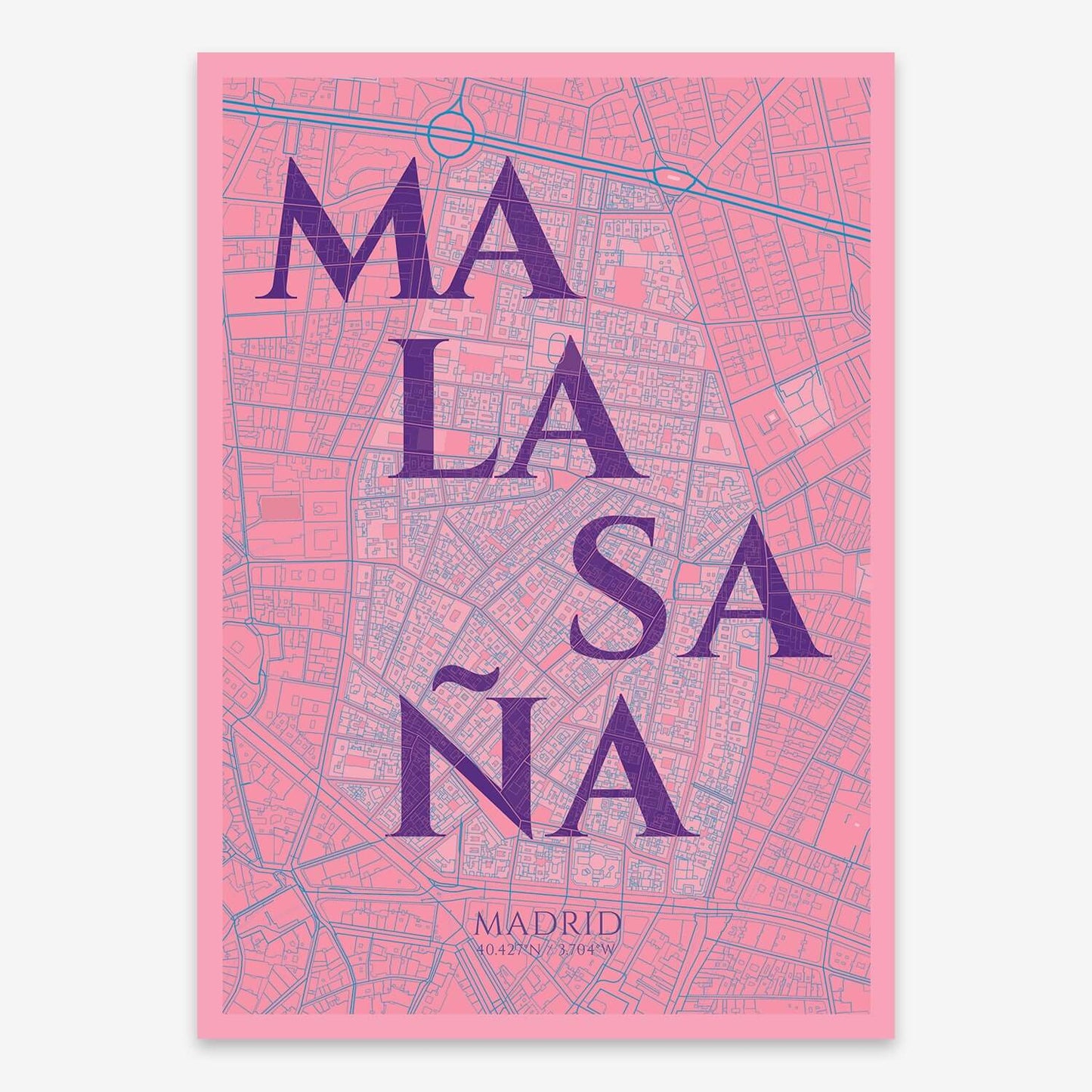 The map of Malasaña composed with letters in serif font printed on red and an off-white background