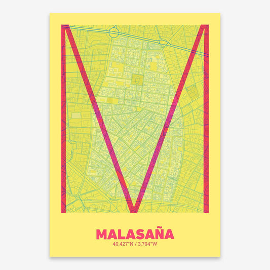 The map of Malasaña composed with letters in extra light font printed on orange and an off-white background