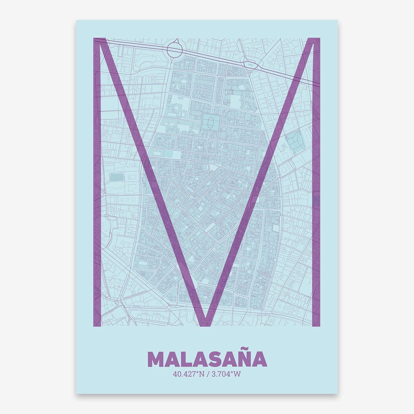The map of Malasaña composed with letters in extra light font printed on violet y pink background