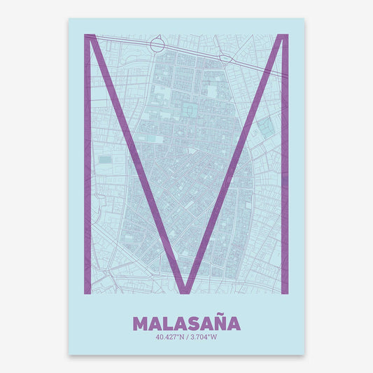 The map of Malasaña composed with letters in extra light font printed on violet y pink background