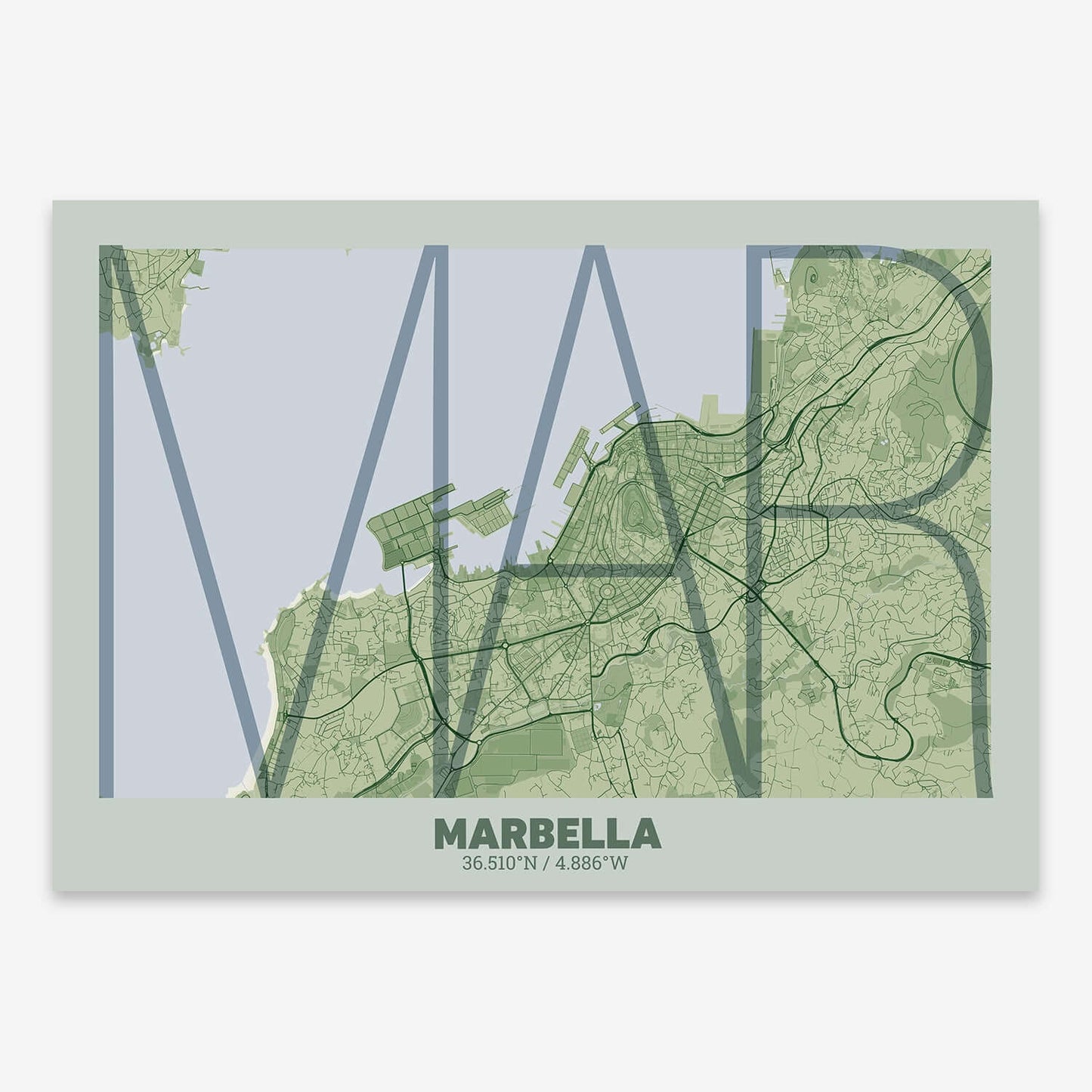 The map of Marbella composed with letters in extra light font printed on two green tones