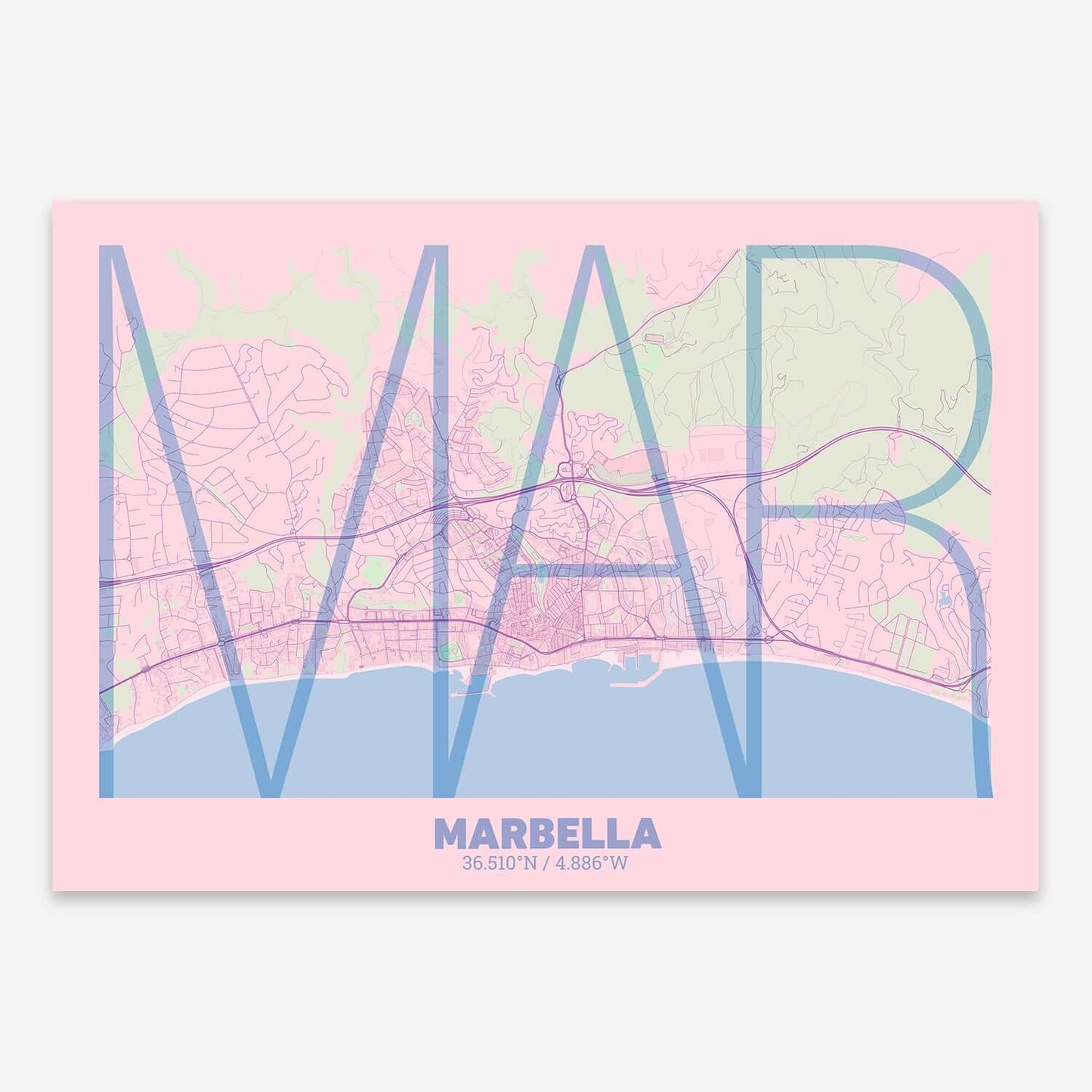 The map of Marbella composed with letters in extra light font printed on pink and light blue