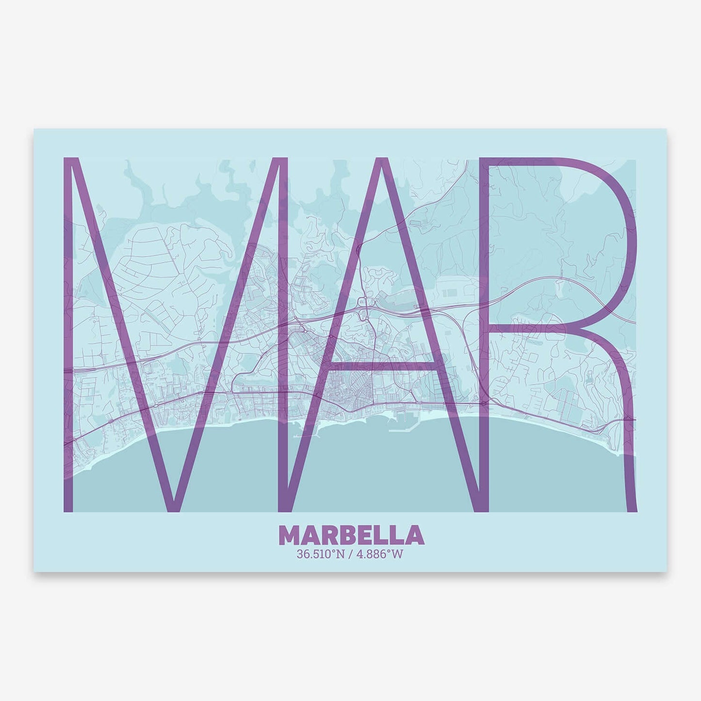 The map of Marbella composed with letters in extra light font printed on purple and light blue