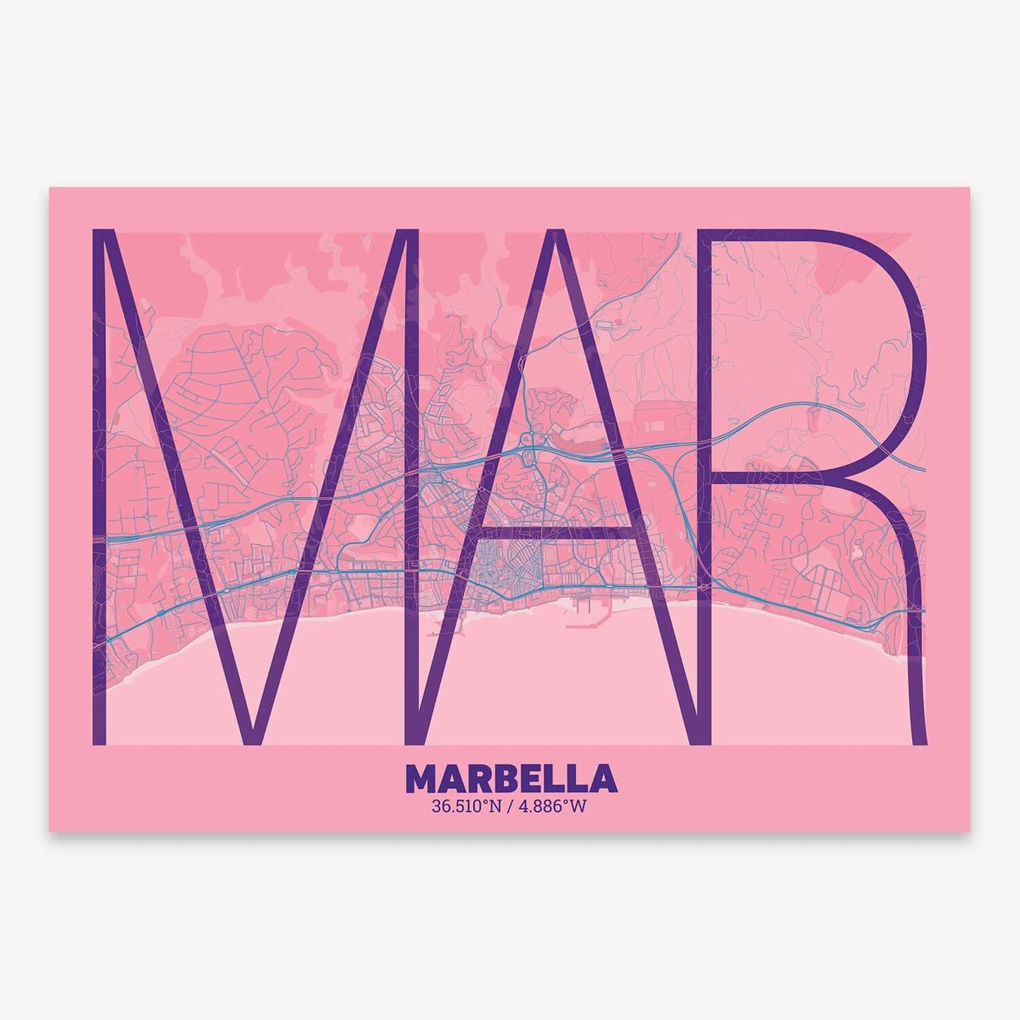 The map of Marbella composed with letters in extra light font printed on violet y pink background