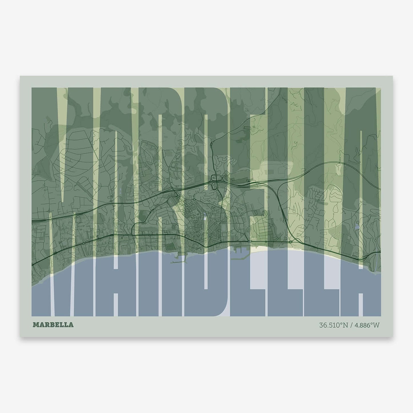 The map of Marbella and letters of its name in a giclée print designed in two green tones