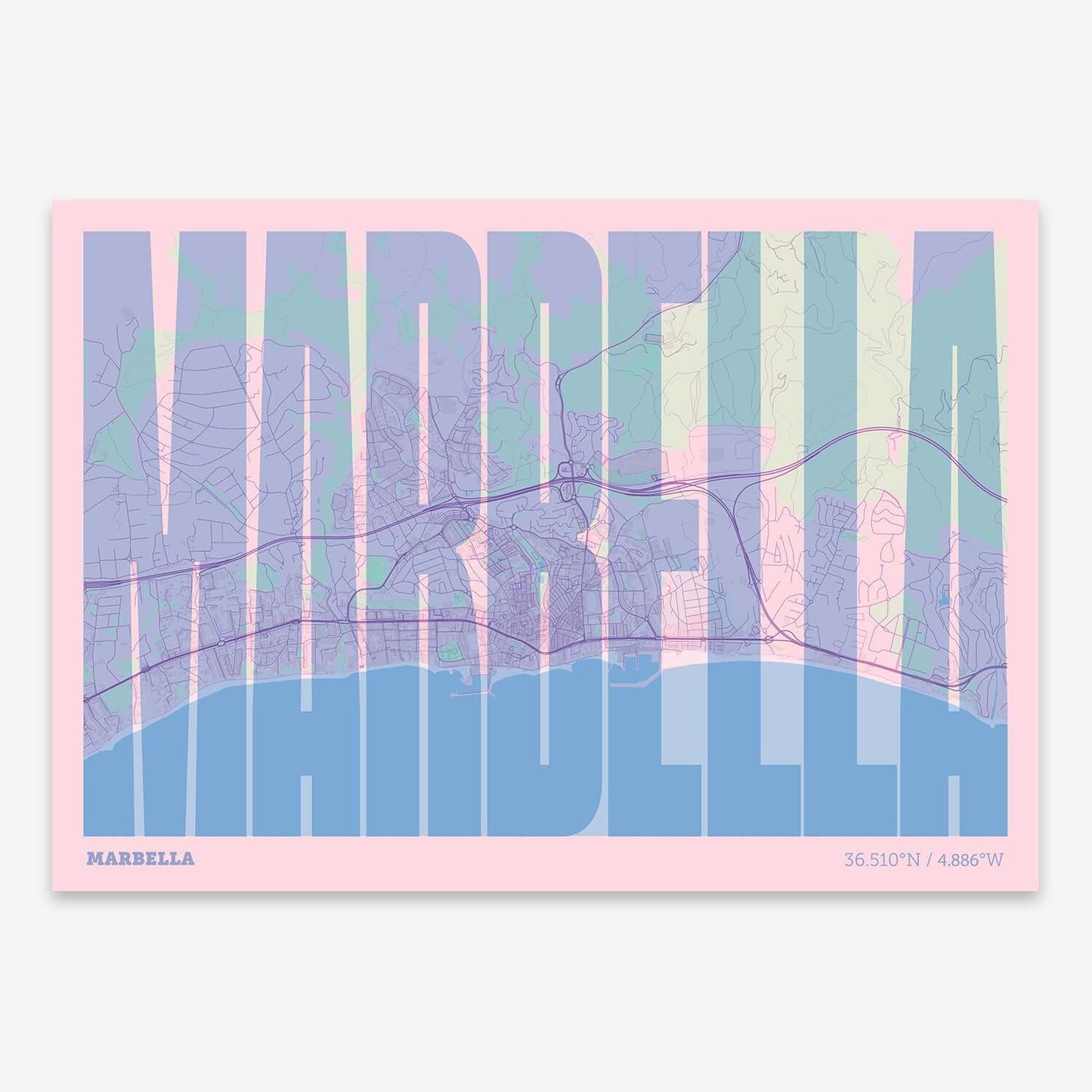 The map of Marbella and letters of its name in a giclée print designed in pink and light blue