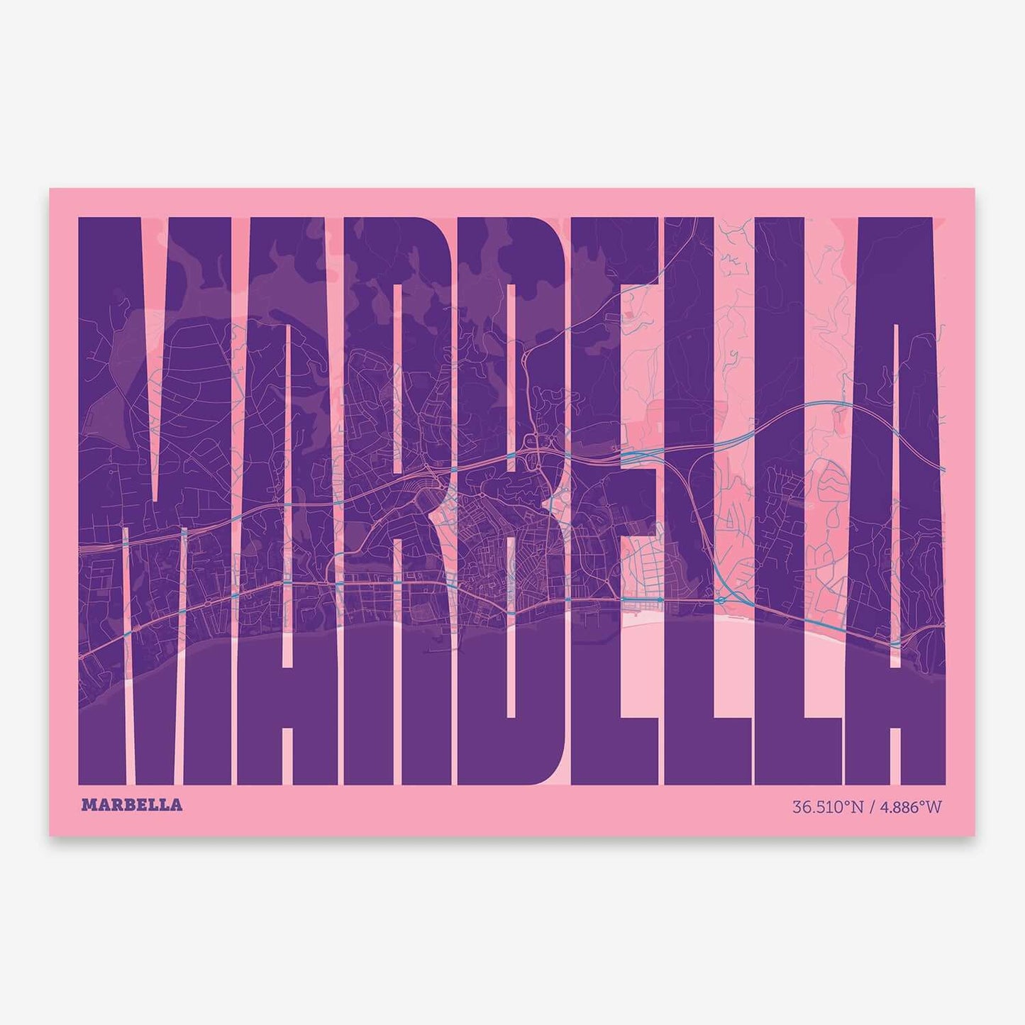 The map of Marbella and letters of its name in a giclée print designed in violet y pink background