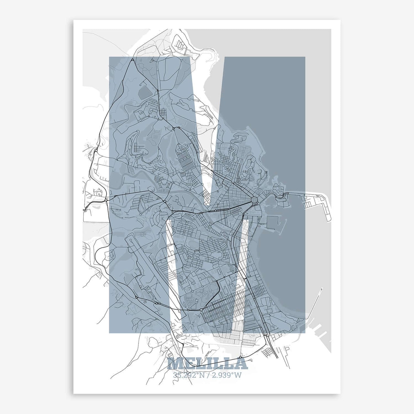 The map of Melilla composed with letters in a heavy geometric font printed on black and white