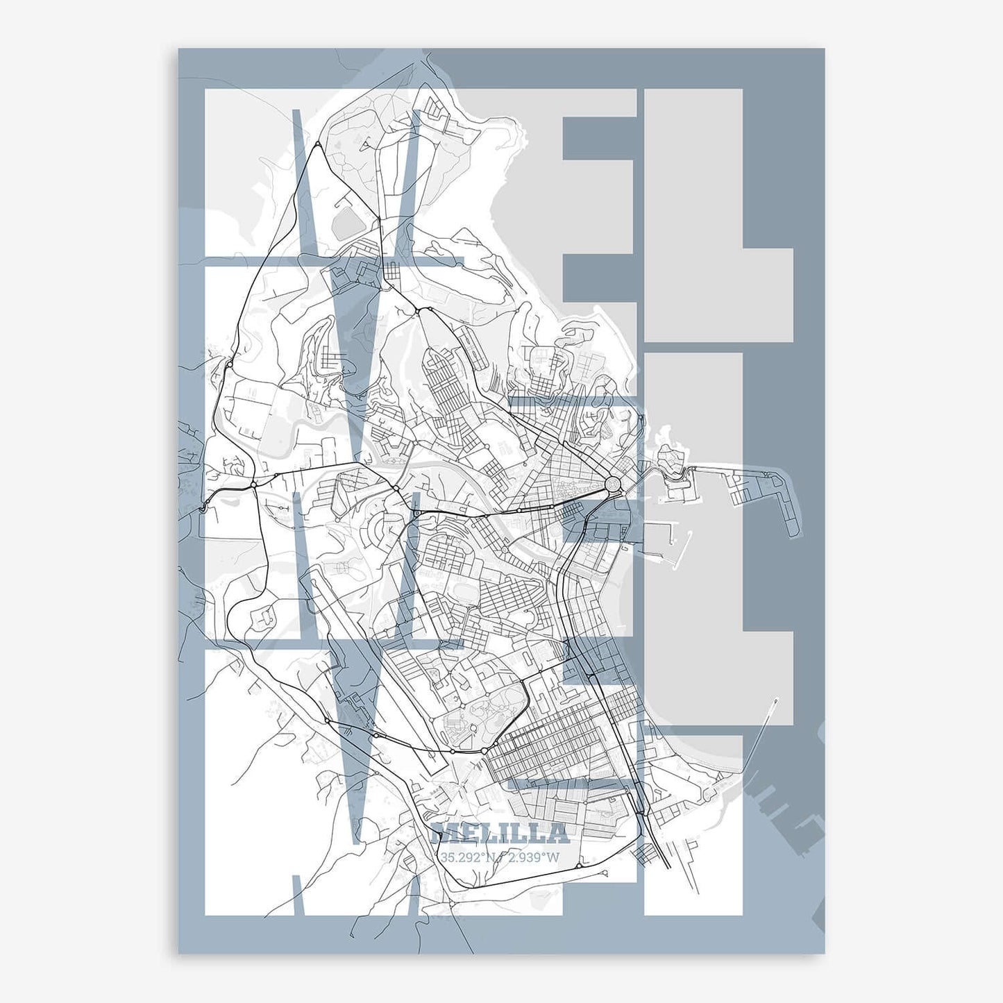 The map of Melilla composed with letters from its name or IATA code printed on black and white