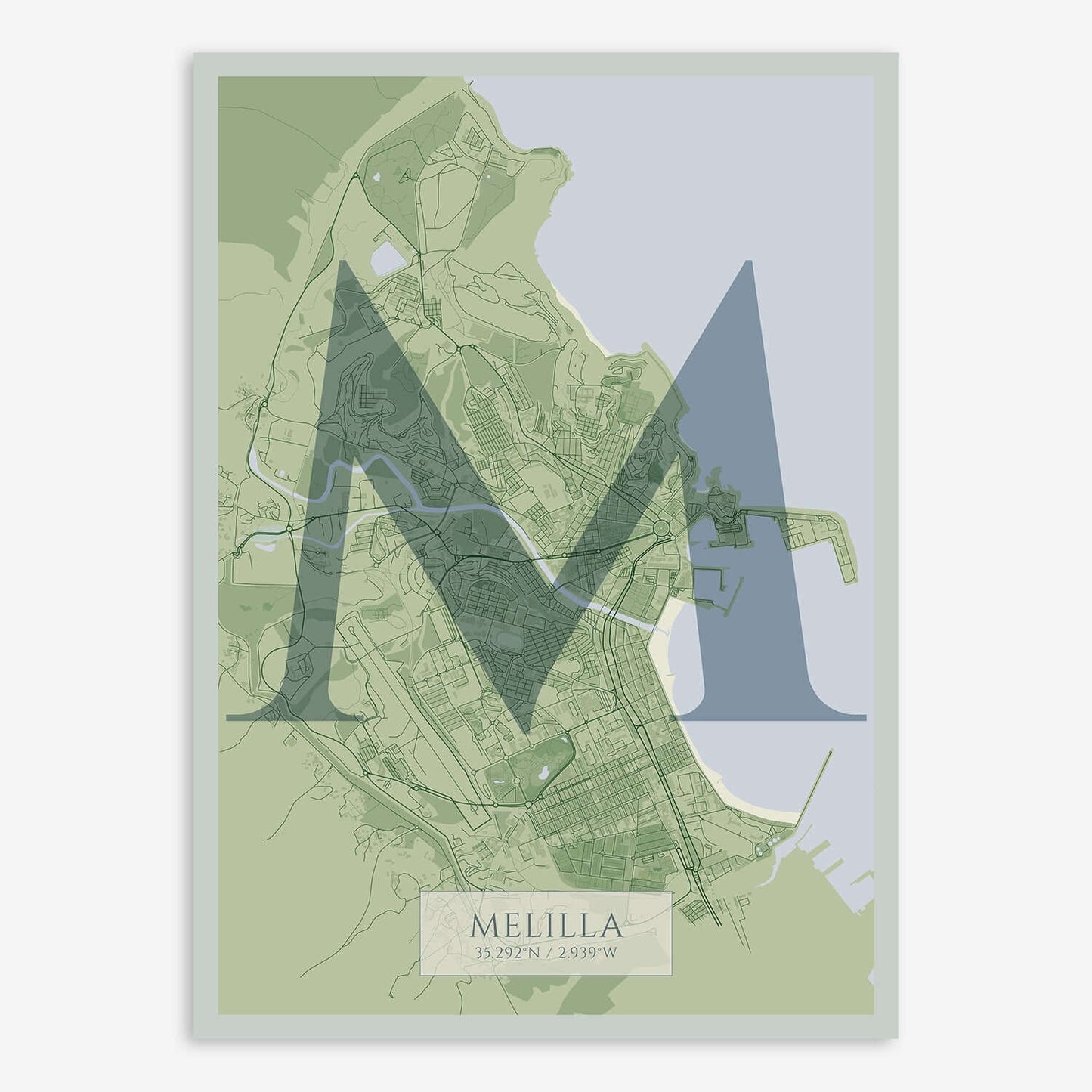 The map of Melilla composed with letters in serif font printed on two green tones