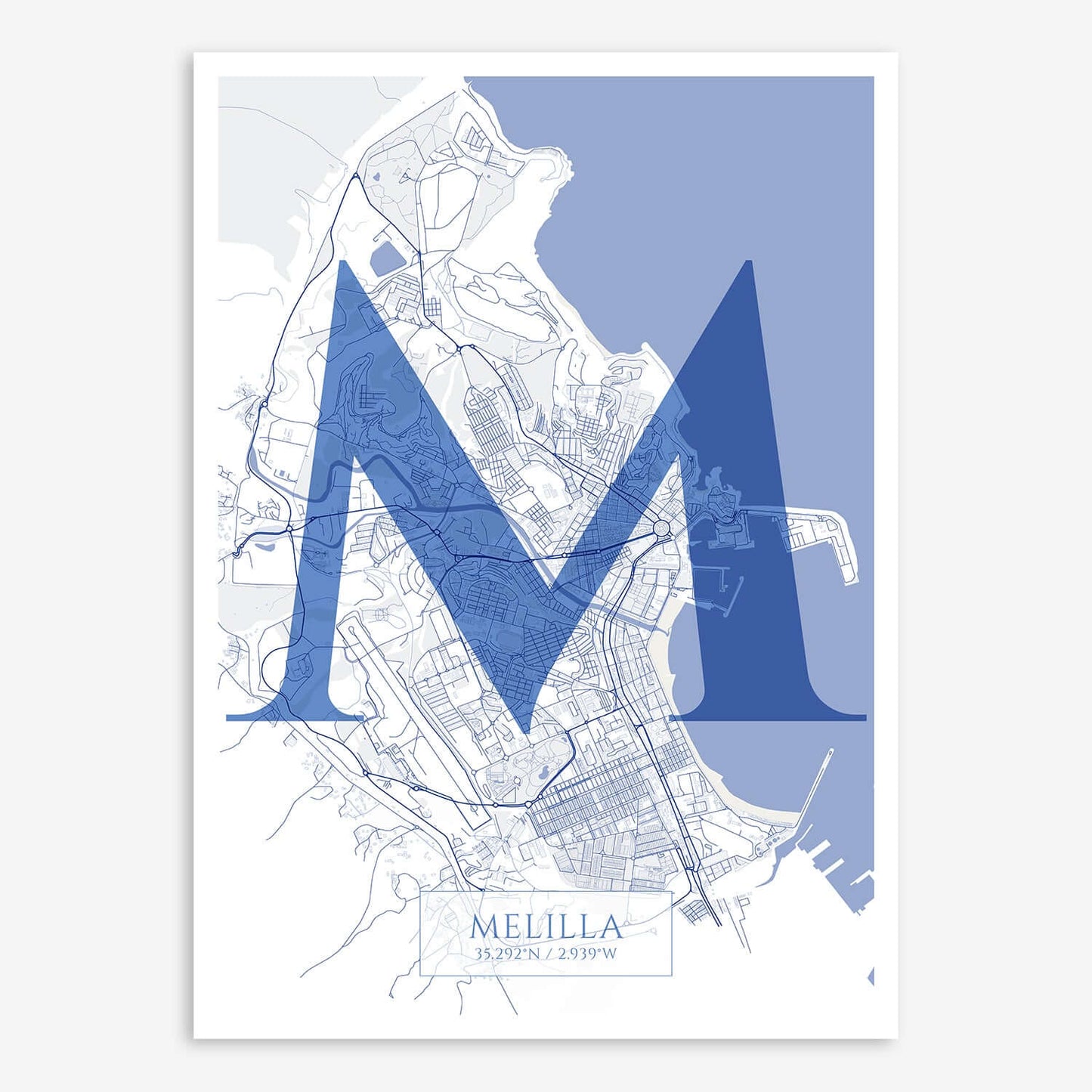 The map of Melilla composed with letters in serif font printed on navy blue and white